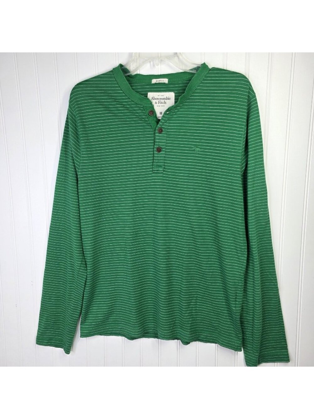 Abercrombie & Fitch Henley Shirt Mens M Green Stripe Henley Long Sleeve Moose